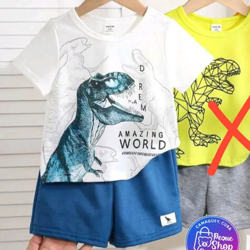 Pullover blanco con dinosaurio short azul
