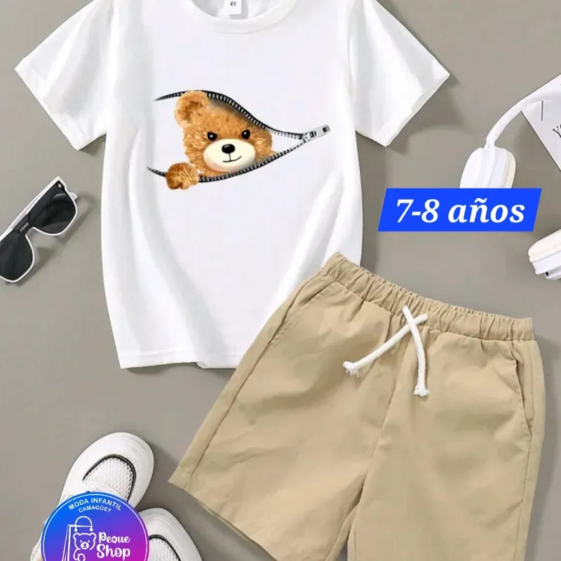 Pullover blanco con oso y short beige 