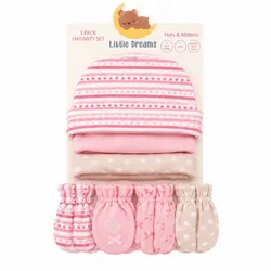 Set de 3 gorros y 4 pares de guantes de niña de0-6 meses