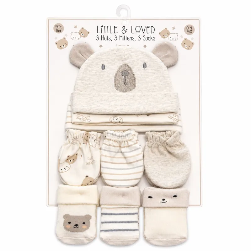Set de niño de 3 gorros,3 guantes,3 pares de media de 0-6 meses