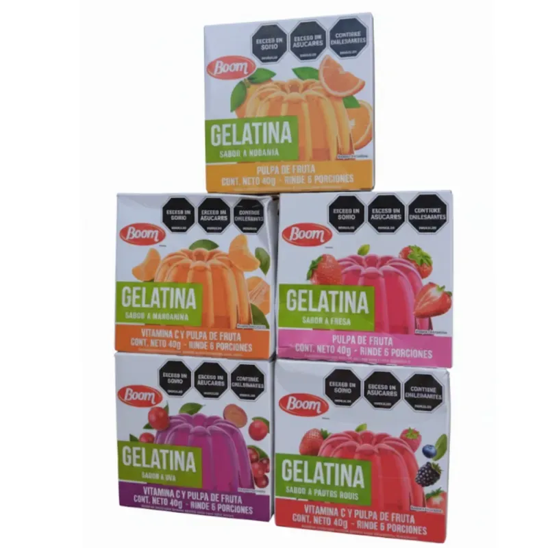 Gelatinas de los siguientes Sabores(Naranja,Mandarina,Frutos Rojos, Uva y Fresa)