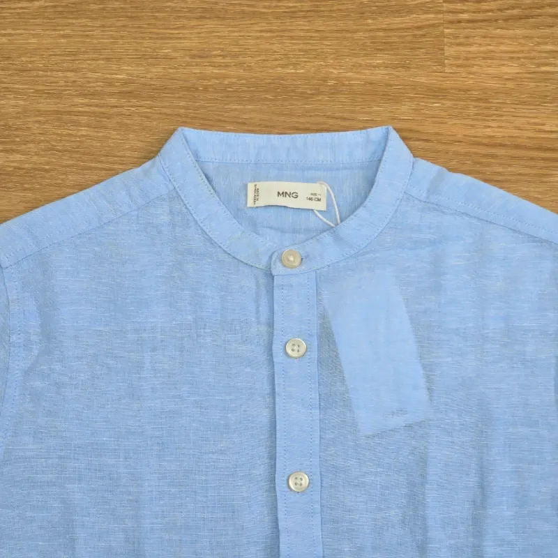 Camisa Lino Azul Mangas Largas.