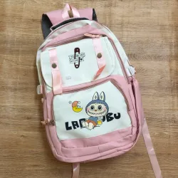 Mochila Labubu color rosado y blanco 