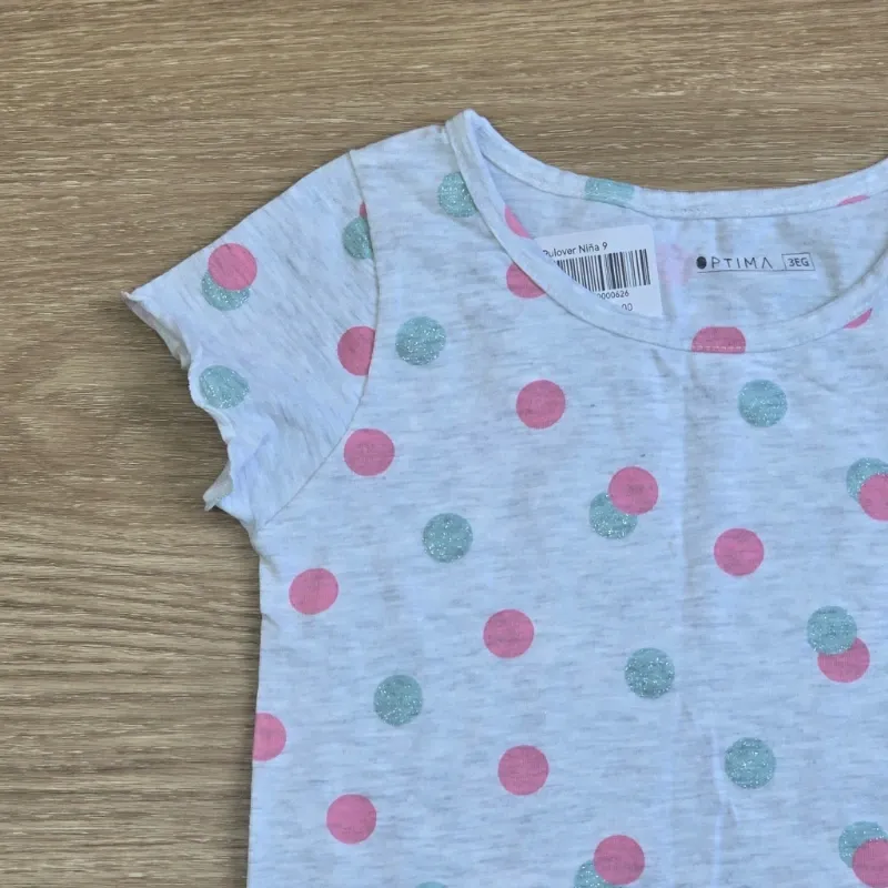 Pulover color gris con puntos rosa y verde