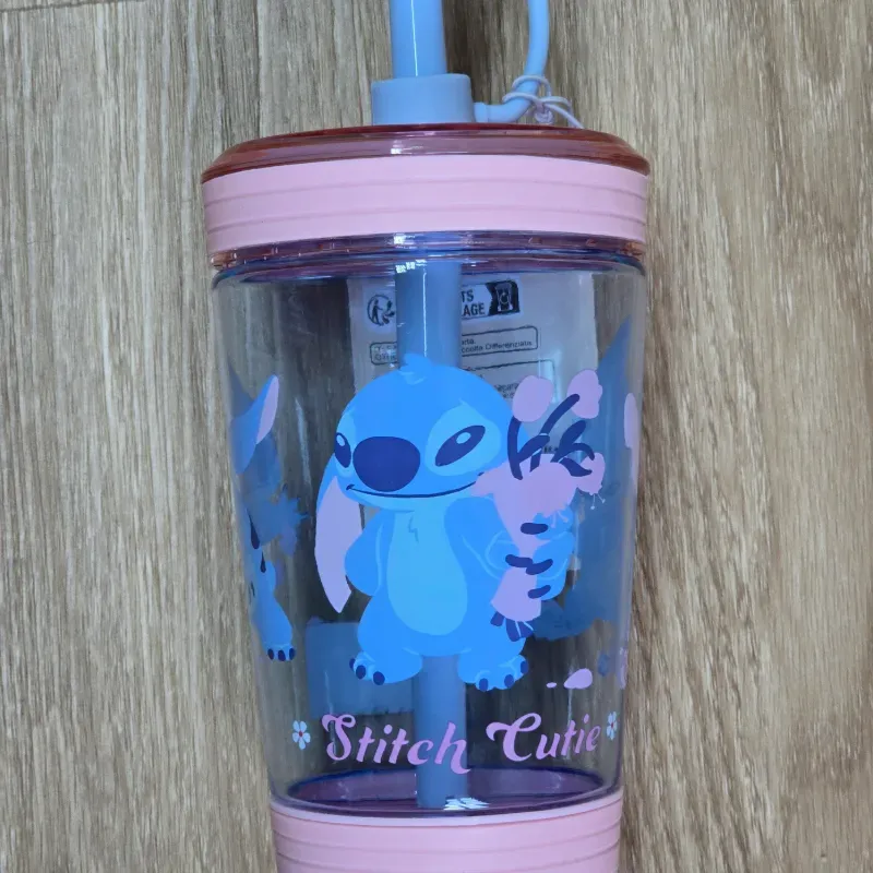 Vaso de Stich y Angel color rosado