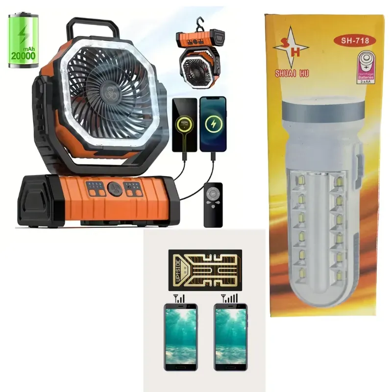 Ventilador Portable de 20mil+Lampara Recargable+Antena de Señal+Audifonos Inalambricos