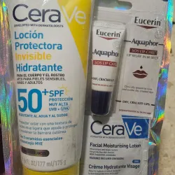 Loción protectora Cerave con 50 fps y bálsamo labial Eucerin