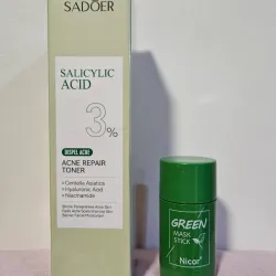 Tónico facial para pieles acneicas y mascarilla verde
