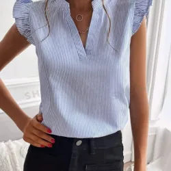 Blusa de rayas fruncido de manga casquillo Talla M