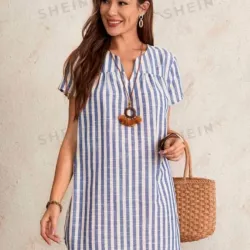 Vestido De Rayas Con Cuello En V TALLA: Azul y blanco-M y L