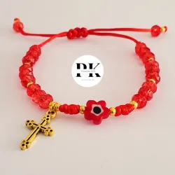 PULSERA DE SWAROVSKI 6MM CON DIJE DE CHAPA DE ORO 14K Y OJO TURCO DE FLOR