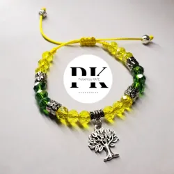 PULSERA DE SWAROVSKI VERDE Y AMARILLO CON DIJE DE ÁRBOL DE LA VIDA