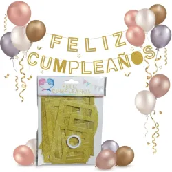 BANDERIN FELIZ CUMPLEAÑOS CARTON LETRAS HUECA ESCARCHADO DORADO