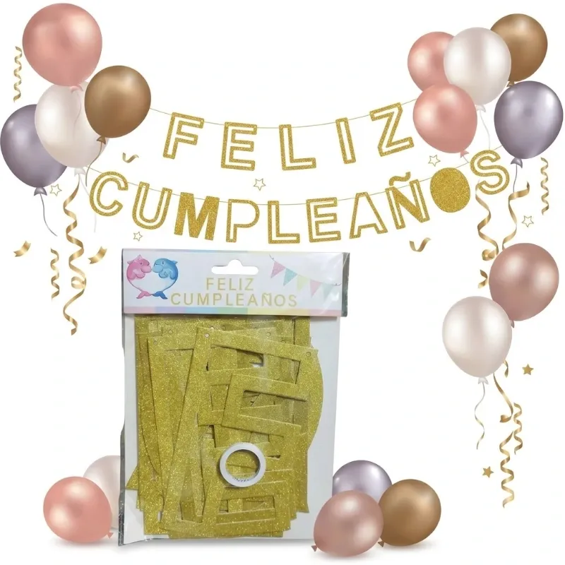 BANDERIN FELIZ CUMPLEAÑOS CARTON LETRAS HUECA ESCARCHADO DORADO