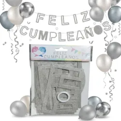 BANDERIN FELIZ CUMPLEAÑOS CARTON LETRAS HUECA ESCARCHADO PLATEADO