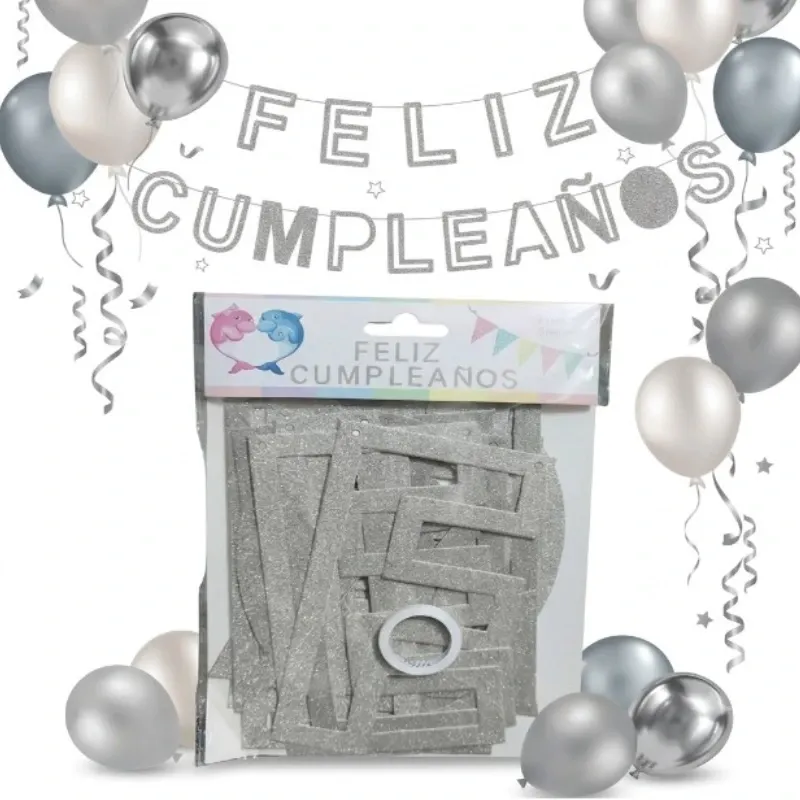 BANDERIN FELIZ CUMPLEAÑOS CARTON LETRAS HUECA ESCARCHADO PLATEADO