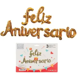 GLOBO MET FRASE FELIZ ANIVERSARIO CURSIVA DORADO