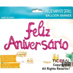 GLOBO MET FRASE FELIZ ANIVERSARIO CURSIVA FUCSIA