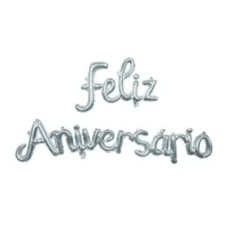 GLOBO MET FRASE FELIZ ANIVERSARIO CURSIVA PLATEADO