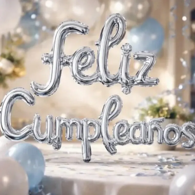 GLOBO MET FRASE FELIZ CUMPLEAÑOS CURSIVA PLATEADO