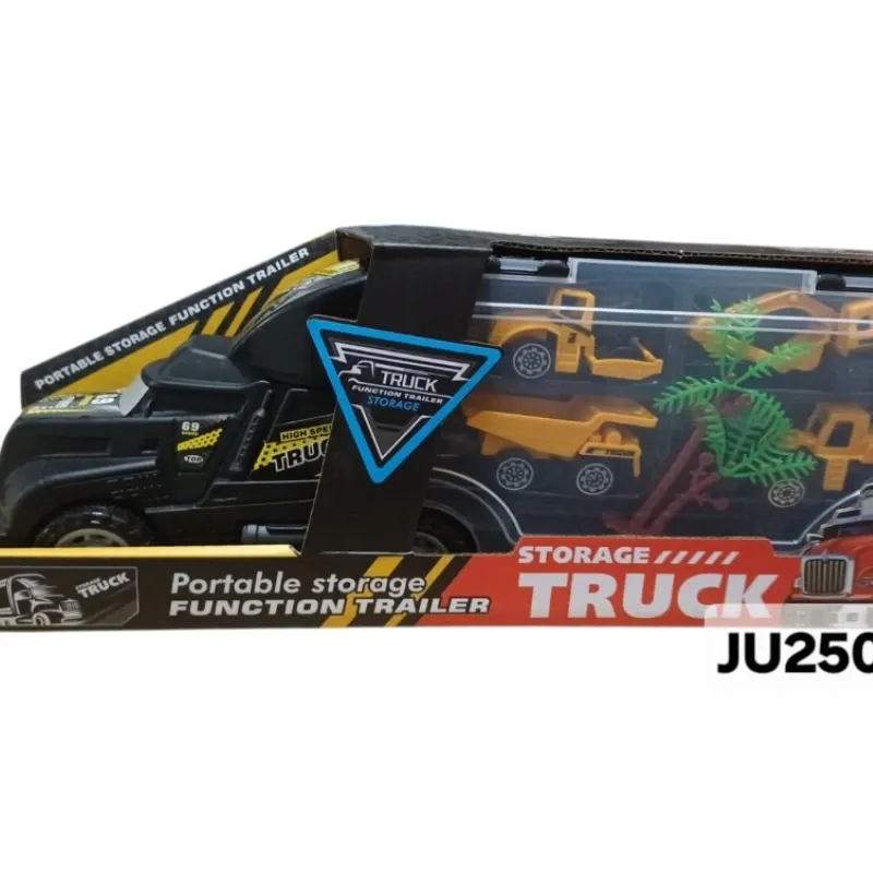 JUGUETE CAMION TRAILER CON 4 CARROS DE CONSTRUCCION Y PALMA