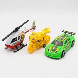 JUGUETE SET HELICOPTERO, MOTO, CARRO
