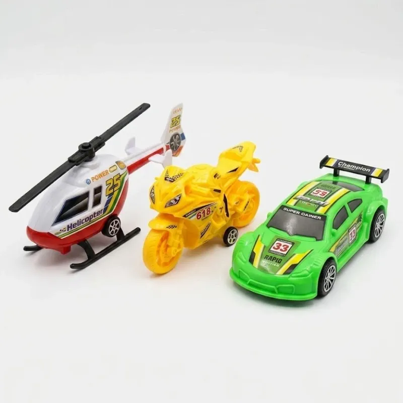JUGUETE SET HELICOPTERO, MOTO, CARRO