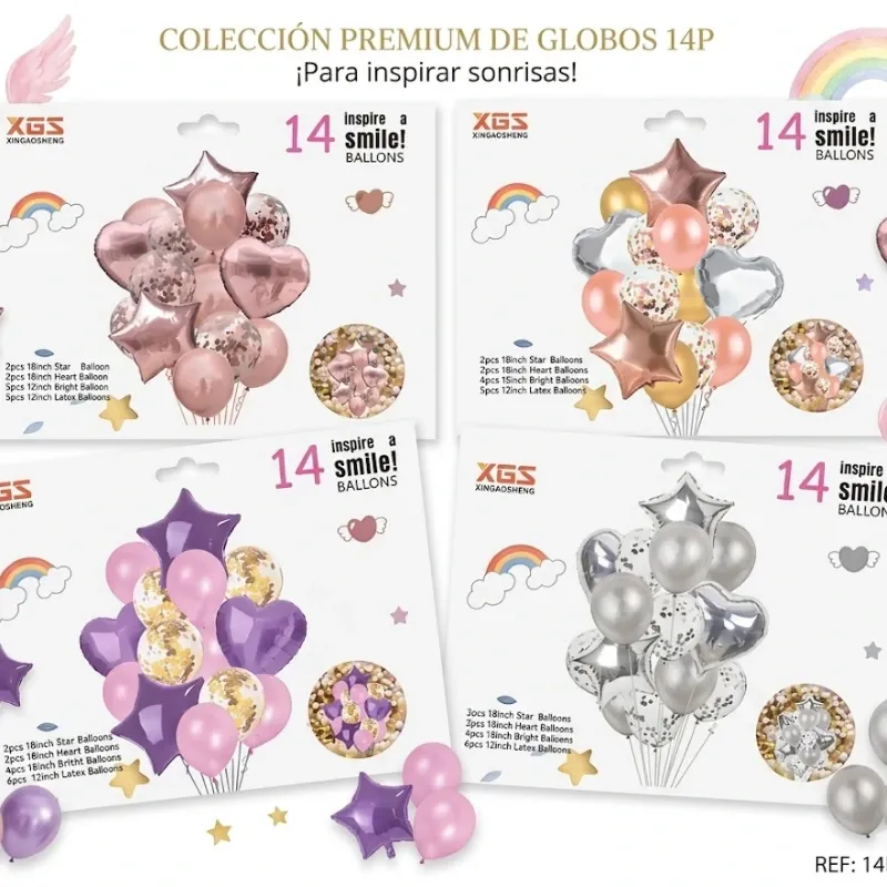 SET GLOBO 14 PZAS 2 CORAZONES, 2 ESTRELLAS, 10 LATEX R12
