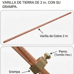 Varilla de tierra de 2m con grampa de cobre puro