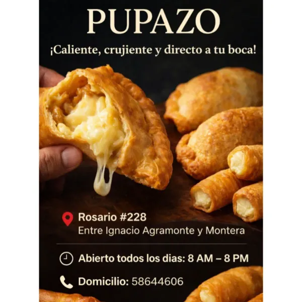 En Pupazo, lo nuestro es simple: empanadas, empanadillas y tequeños hechos con alma y calle.
Nada de pretensiones, solo masa crujiente, rellenos sabrosos y ese toque rebelde que no se enseña, se vive.
Nacimos del antojo — del olor que te detiene en seco y te dice “eso es lo que quiero”.
Cada bocado cuenta una historia de sabor bien hecho, sin atajos, sin inventos raros.
Aquí no seguimos recetas de moda; seguimos el instinto, el fuego y las ganas de hacerlo mejor cada día.
Pupazo es sabor sin filtro. Y si lo pruebas, ya eres parte del clan.