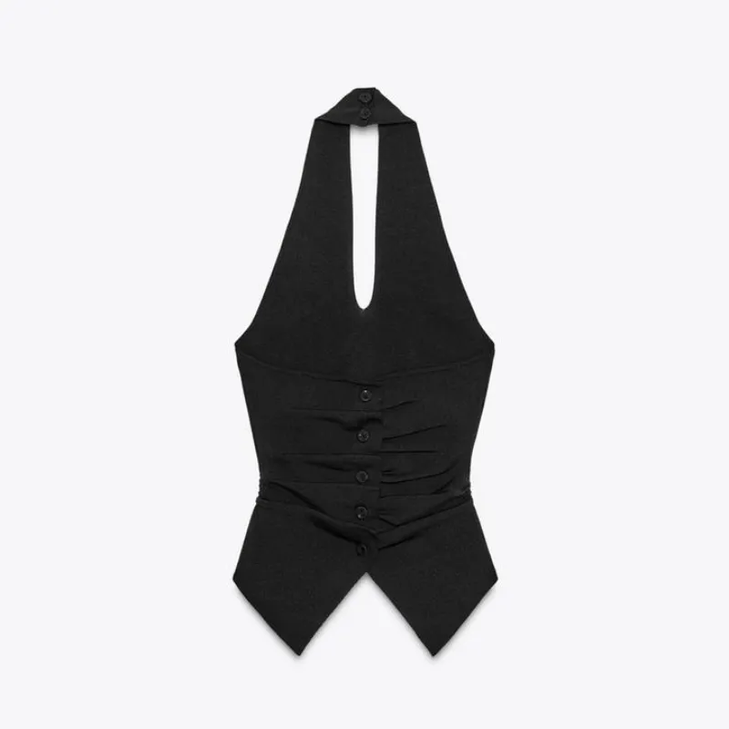 Blusa Zara negra cogida al cuello con botones detrás