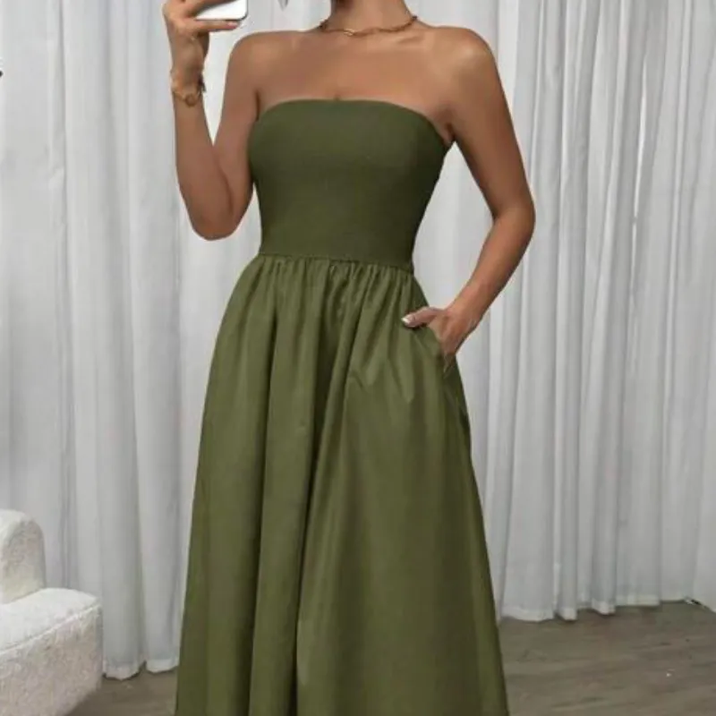 Vestido palabra de honor verde olivo