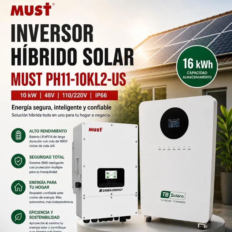 COMBO SISTEMA SOLAR HÍBRIDO MUST 10 KW + BATERÍA TB SOLARO 16 KWH