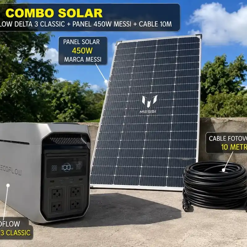 🔥 COMBO SOLAR ☀️ Panel solar de 450W 🔌 Cable de 10 metros 🔋 EcoFlow DELTA 3 Classic