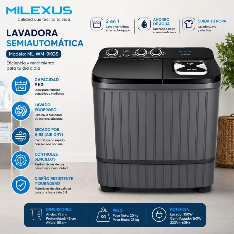 LAVADORA SEMIAUTOMATICA MILEXUS 9KG