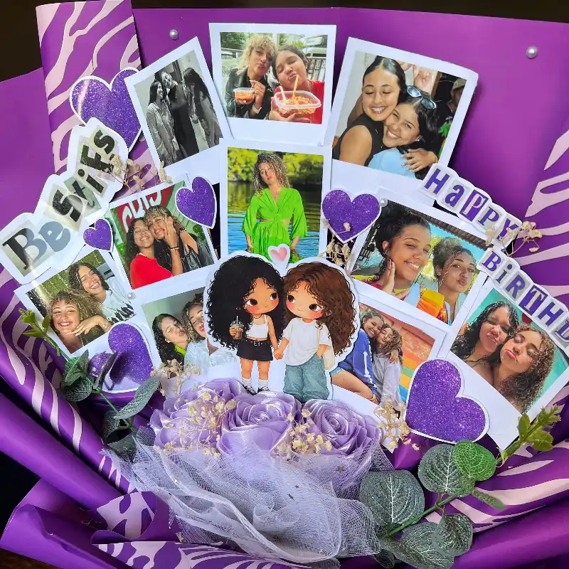 Ramo de 10 fotos con 3 rosas eternas