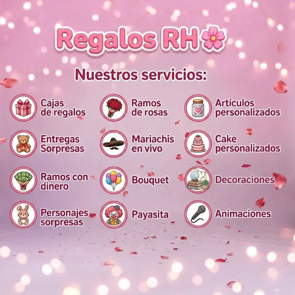 ✨ ¡Bienvenidos a Regalos RH! ✨
Tu destino para sorprender y emocionar con detalles únicos: globos, peluches, dulces, rosas eternas y mucho más.
Haz que cada momento especial sea inolvidable. 💖
Explora y encuentra el regalo perfecto.
