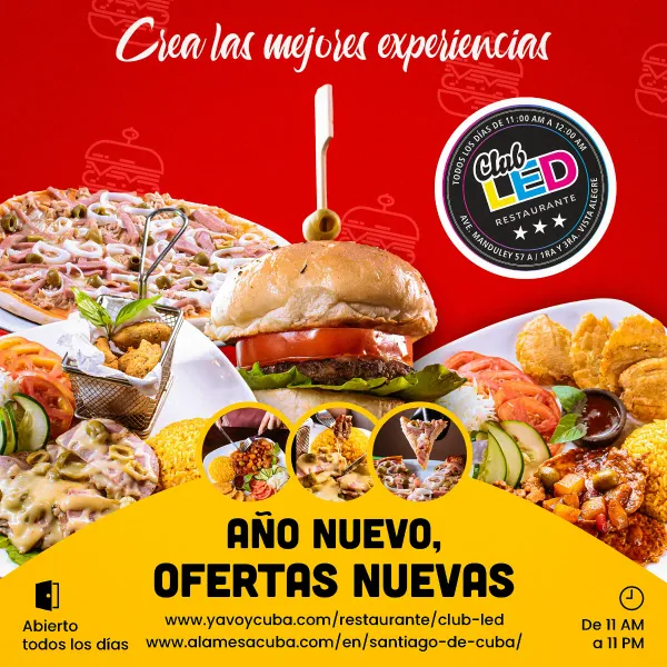 Ofrecemos un espacio acogedor y único destinado al disfrute de variados servicios que incluyen una alta cocteleria, buena música, deportes en vivo, así como la degustacion de exquisitos entrantes y ofertas gastronómicas, con la mejor calidad, eficiencia y profesionalismo; caracterizados por brindar una atención personalizada y de excelencia.Estamos en uno de los mejores barrios de la ciudad, Avenida Manduley # 57A entre 1ra y 3ra Reparto Vista Alegre de Santiago de Cuba. Siempre desde las 11:00am 🕛 hasta las 11:00pm 🕐,  Puede contactarnos a través de los siguientes teléfonos: +53 22648102 o al +53 51239112 . Visite nuestros perfiles en las Redes Sociales y déjenos sus comentarios.En Facebook:https://www.facebook.com/clubledsportsbar En Instagram: https://instagram.com/club_led_santiago
Gracias por preferirnos 👍Para quejas y sugerencias:ClubLEDsugerencias@gmail.com ClubLEDfeedback@gmail.com