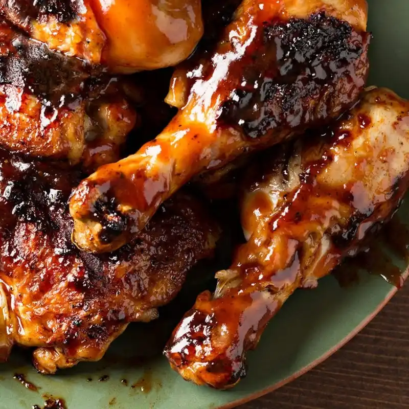 2 muslos de pollo ahumado con salsa BBQ + 200g de papas fritas y Salsa Rosa