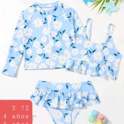 Bikini azul 3 piezas de flores 