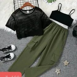 Conjunto de 3 piezas ( pantalón, blusa corta y pulover trasparente)