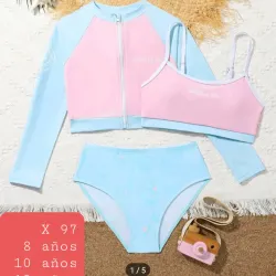 Juego bikinis 3 piezas rosado y azul