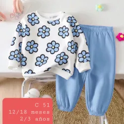 Pantalon azul abrigo flores