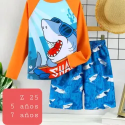Traje baño azul c naranja de tiburon