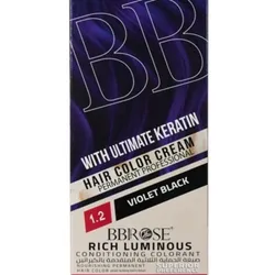 keratina de la marca BBrose, identificadas en tonos oscuros de su línea Rich Luminous como el azul negro (1.1) y violeta negro (1.2)