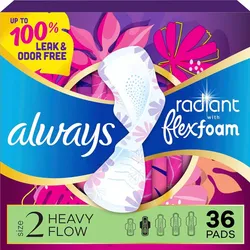 Almohadillas femeninas para mujer, almohadillas Flexfoam con alas, tamaño 2, gran absorción, ligeramente perfumadas, 36 unidades
