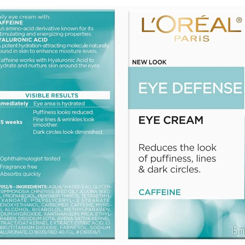 Crema para ojos con cafeína de L'Oréal Paris, con ácido hialurónico y cafeína para reducir la apariencia de arrugas y bolsas debajo de los ojos, para piel sensible, 15 ml