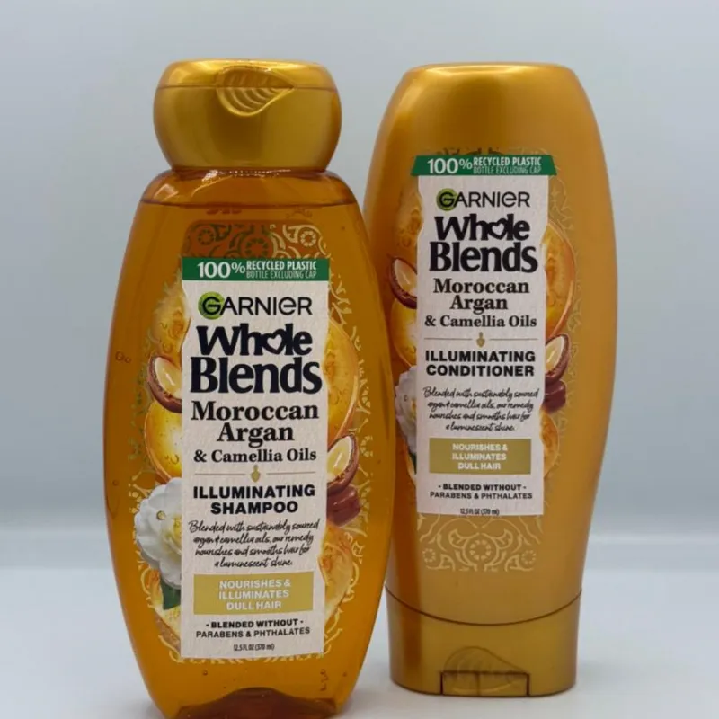 Garnier Whole Blends - Champú iluminador de aceites marroquíes de argán y camelia, para un brillo sedoso, 12.5 onzas líquidas,