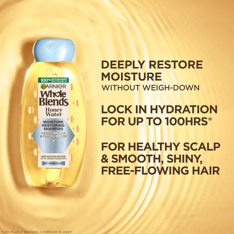 Garnier Whole Blends Honey Water Champú restaurador de humedad para cabello seco y cuero cabelludo seco con néctar de miel y agua floral, 28 onzas líquidas