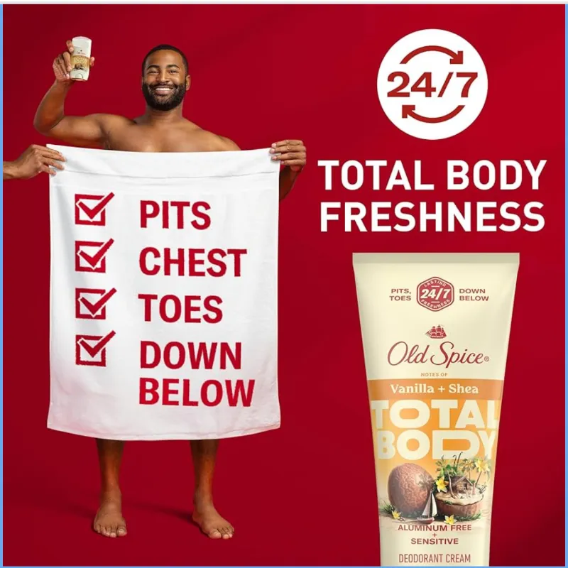 💙 Old Spice Crema desodorante de cuerpo entero para hombres, sin aluminio, aroma a vainilla + karité, protección contra olores 24/7, frescura duradera 24/7, probada por dermatólogos,